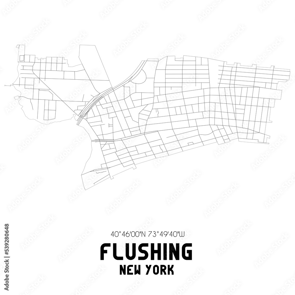 Flushing New York. US street map with black and white lines.