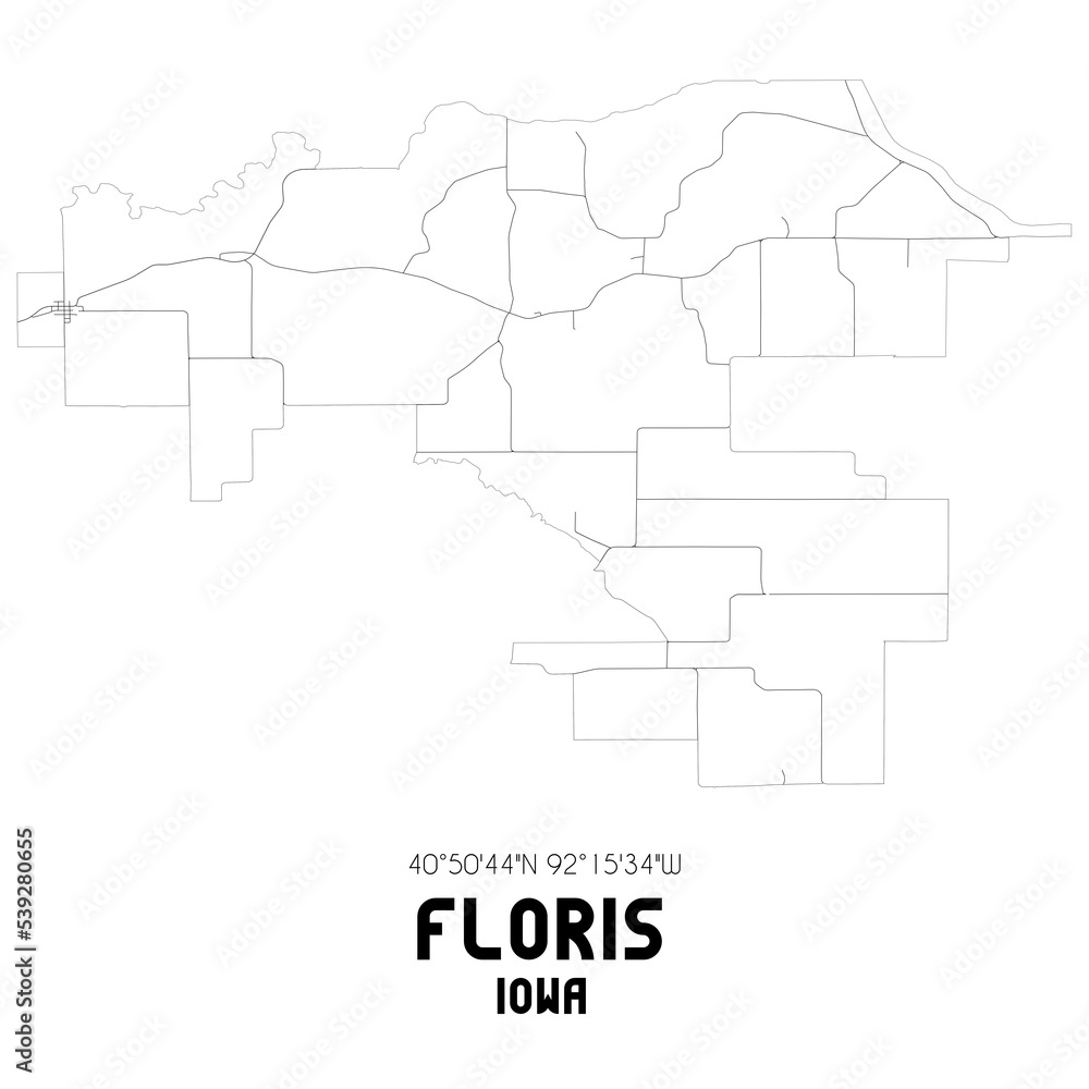 Floris Iowa. US street map with black and white lines.