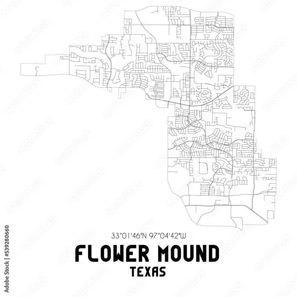 Flower Mound Texas. US street map with black and white lines.