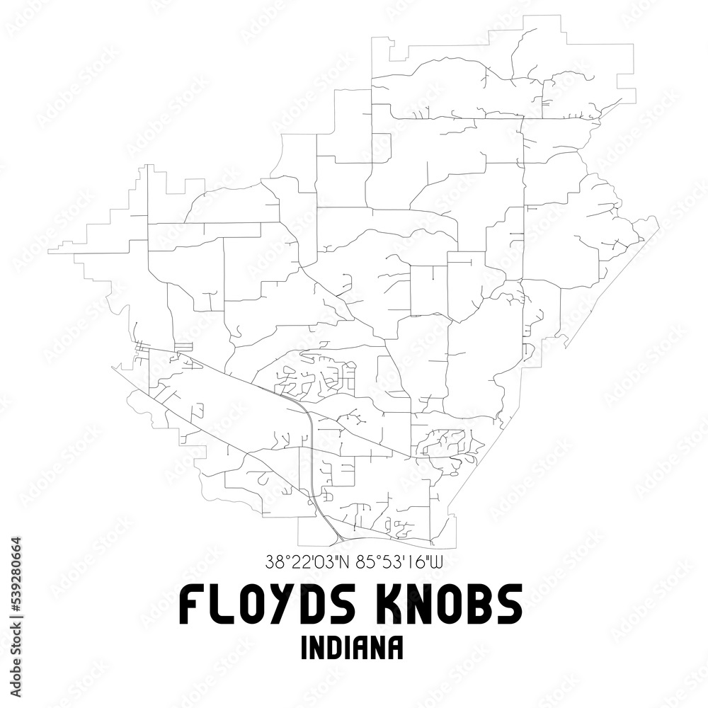 Floyds Knobs Indiana. US street map with black and white lines.