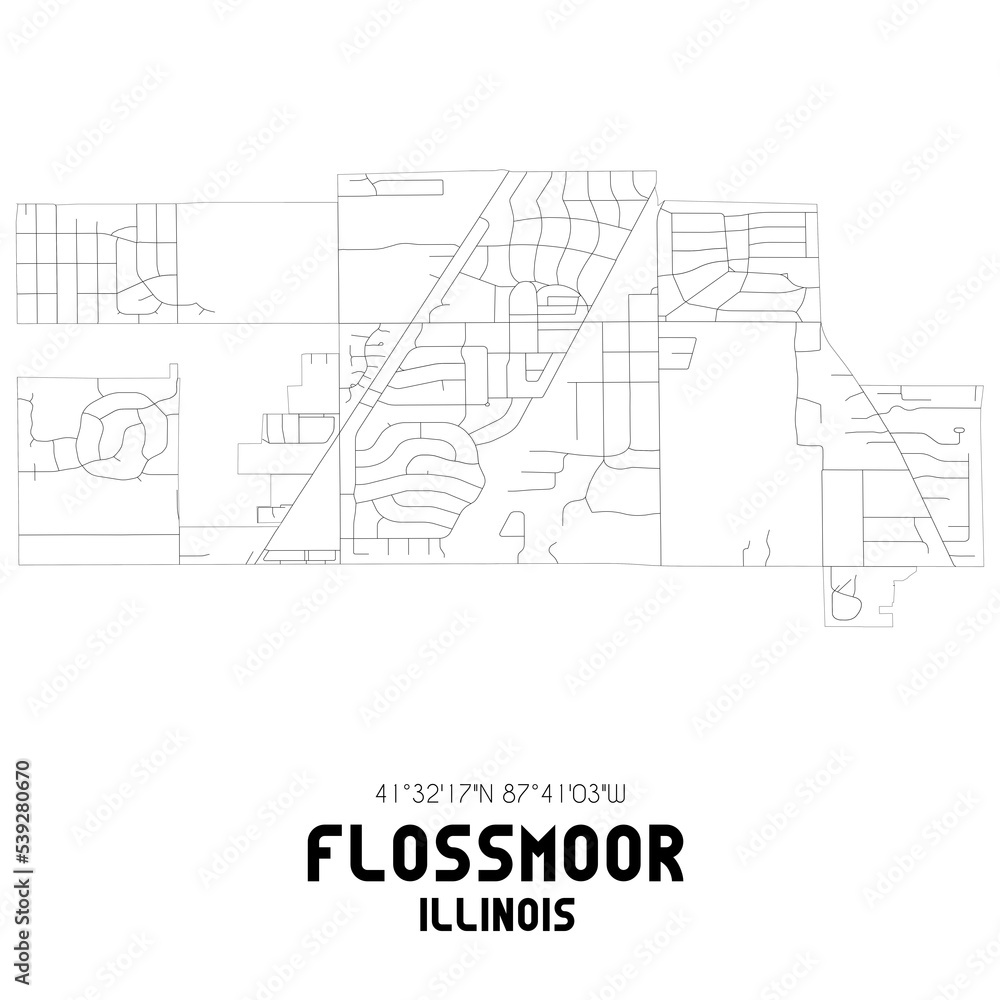 Flossmoor Illinois. US street map with black and white lines.