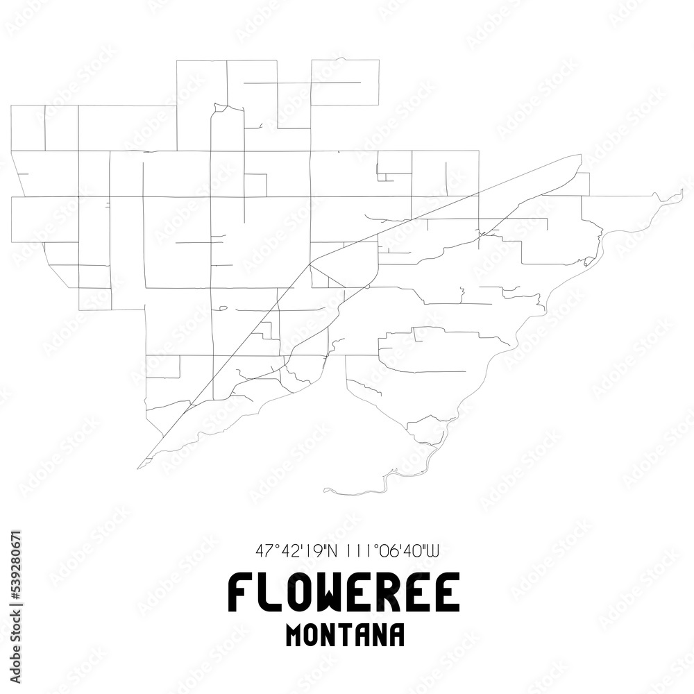 Floweree Montana. US street map with black and white lines.