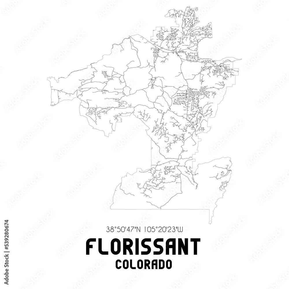 Florissant Colorado. US street map with black and white lines.