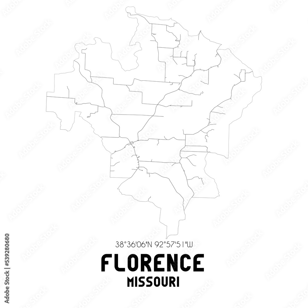 Florence Missouri. US street map with black and white lines.
