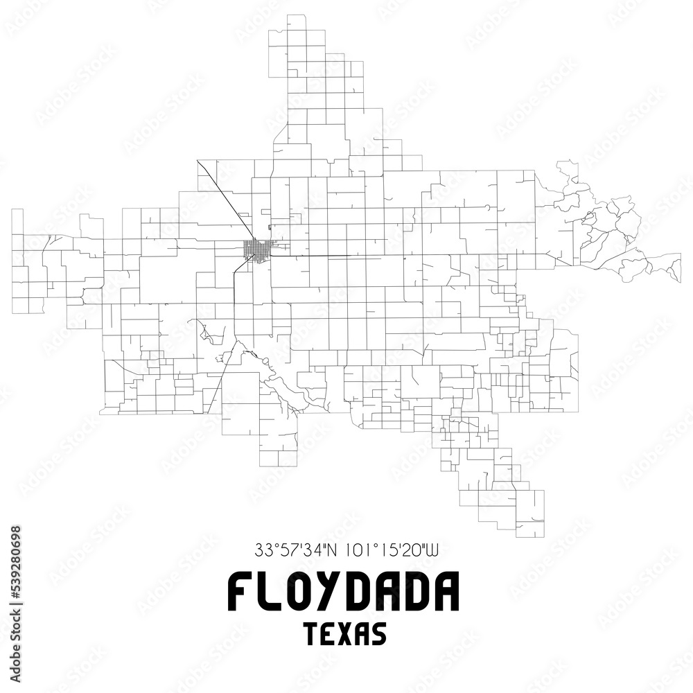 Floydada Texas. US street map with black and white lines.