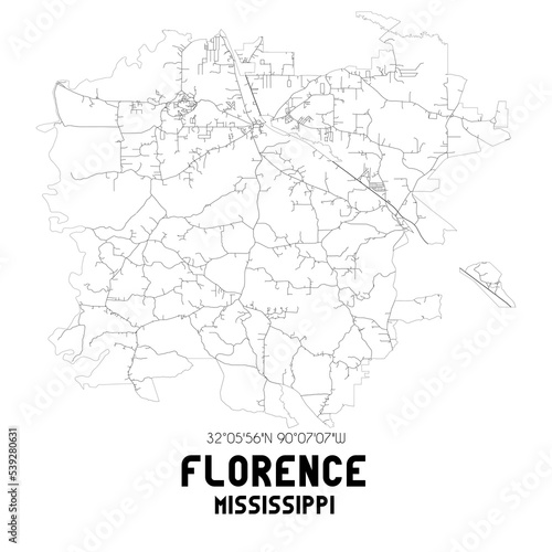 Florence Mississippi. US street map with black and white lines.