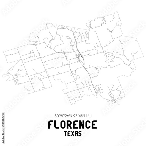 Florence Texas. US street map with black and white lines.