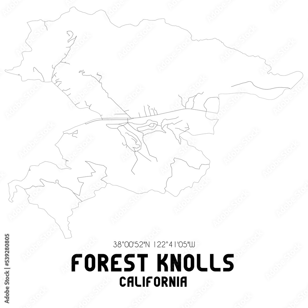 Forest Knolls California. US street map with black and white lines.