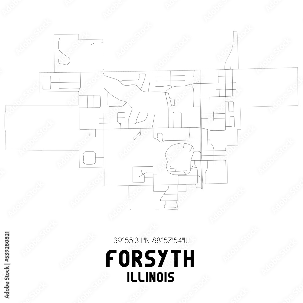 Forsyth Illinois. US street map with black and white lines.