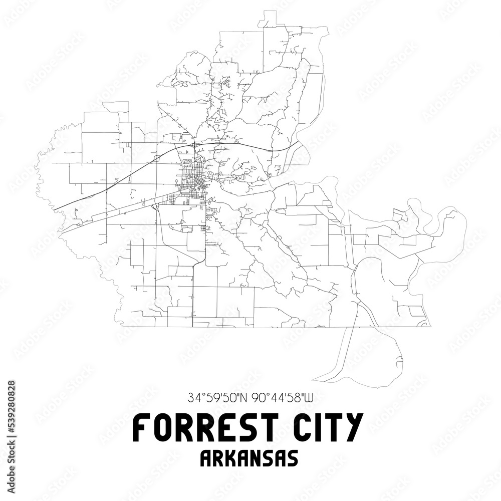 Forrest City Arkansas. US street map with black and white lines.