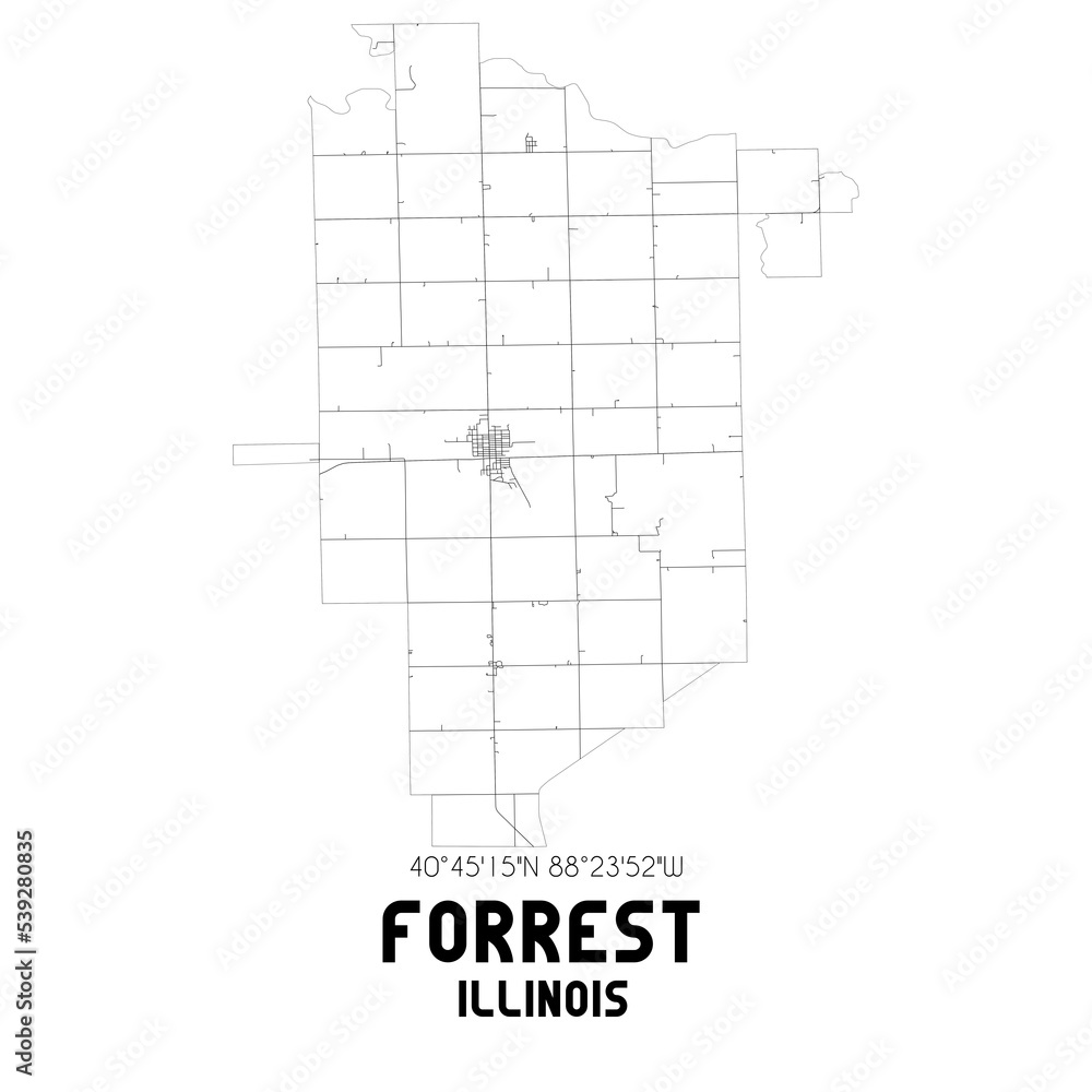 Forrest Illinois. US street map with black and white lines.