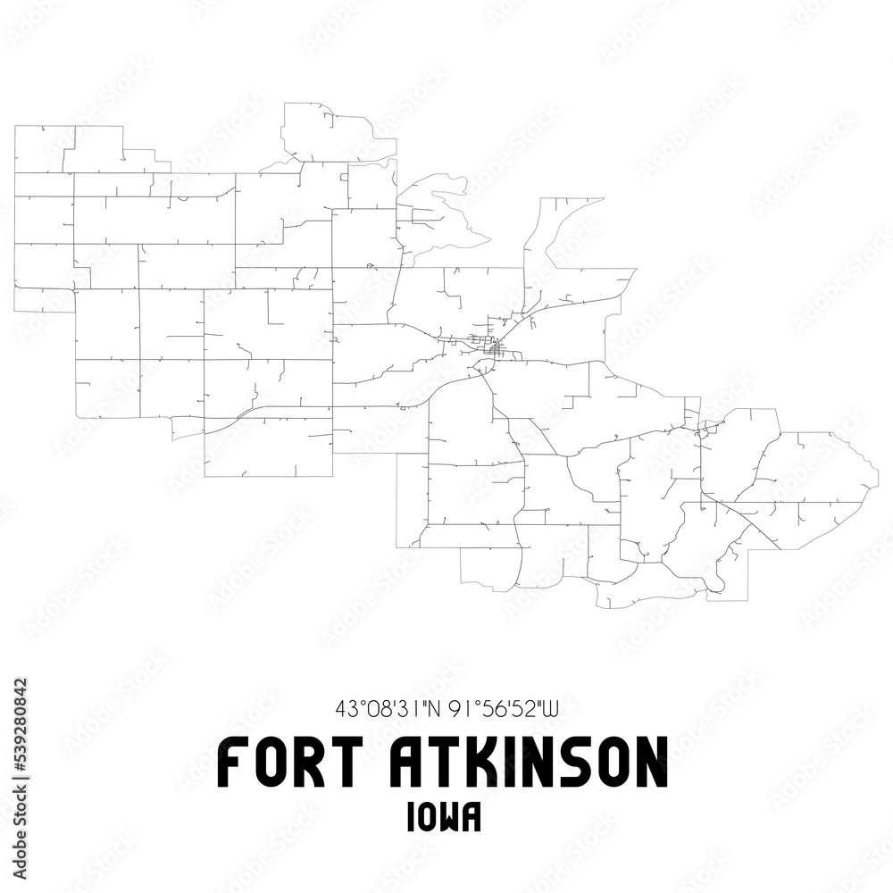 Fort Atkinson Iowa. US street map with black and white lines.