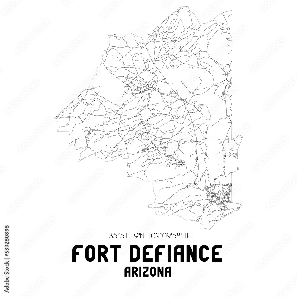 Fort Defiance Arizona. US street map with black and white lines.