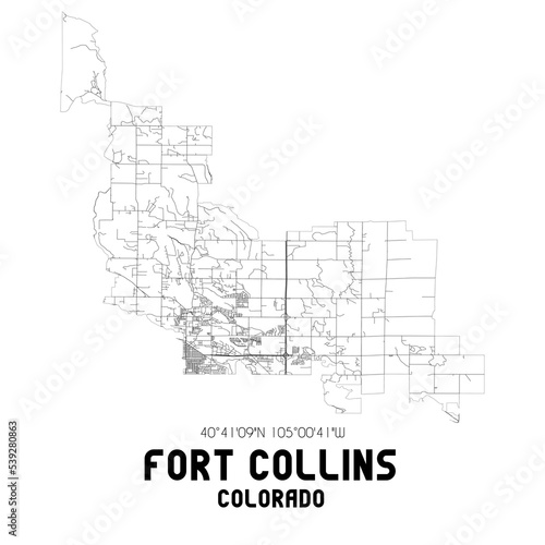 Fort Collins Colorado. US street map with black and white lines.