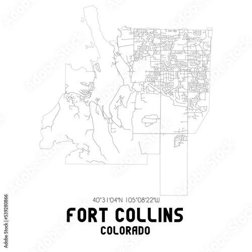 Fort Collins Colorado. US street map with black and white lines.