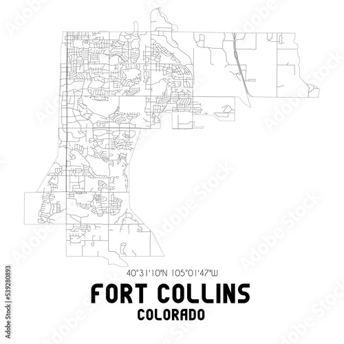 Fort Collins Colorado. US street map with black and white lines.