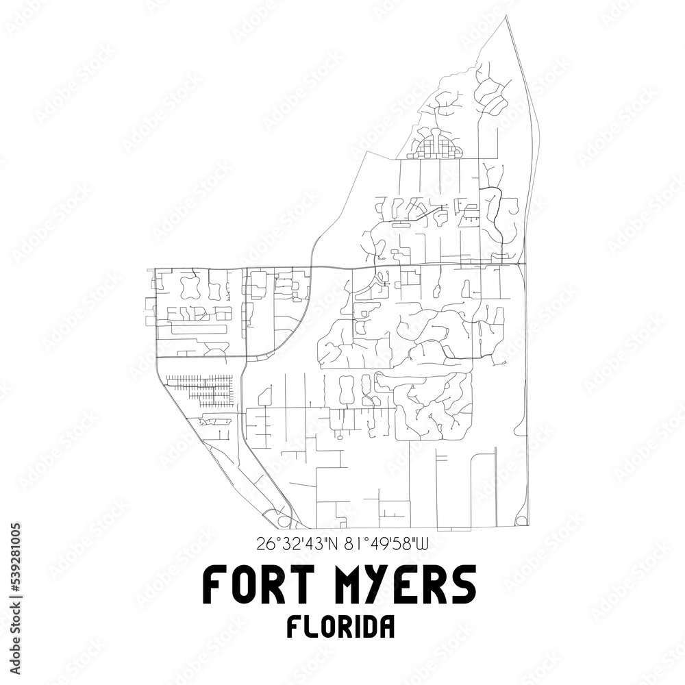 Fort Myers Florida. US street map with black and white lines.