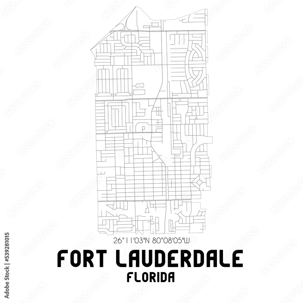 Fort Lauderdale Florida. US street map with black and white lines.