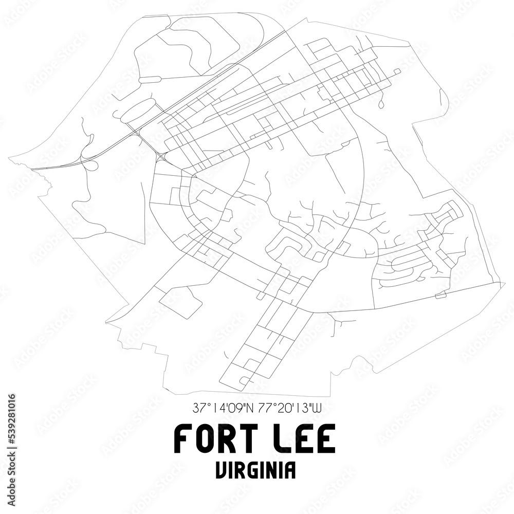 Fort Lee Virginia. US street map with black and white lines.