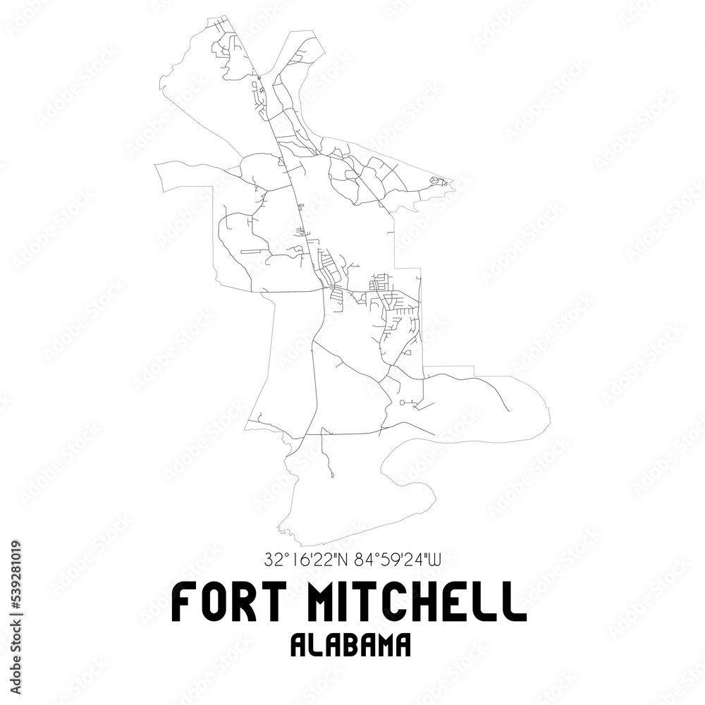 Fort Mitchell Alabama. US street map with black and white lines.