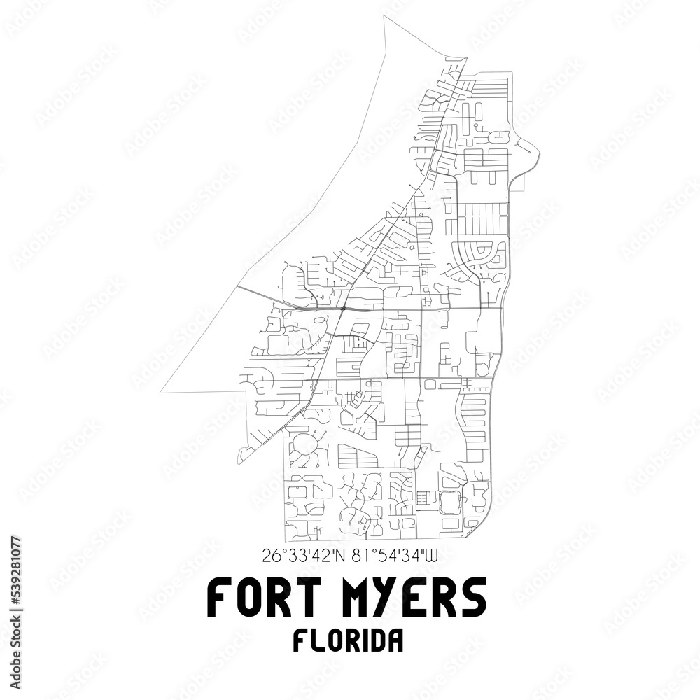 Fort Myers Florida. US street map with black and white lines.
