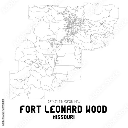 Fort Leonard Wood Missouri. US street map with black and white lines.