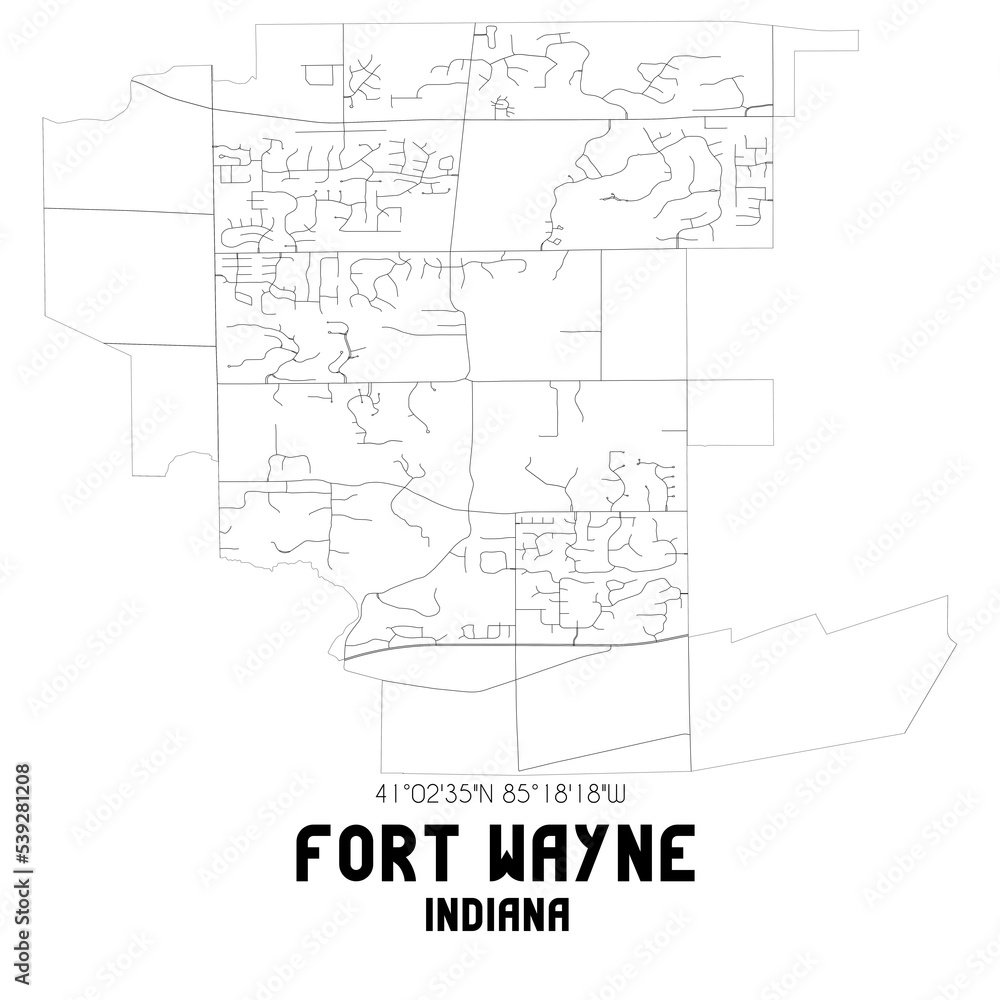 Fort Wayne Indiana. US street map with black and white lines.