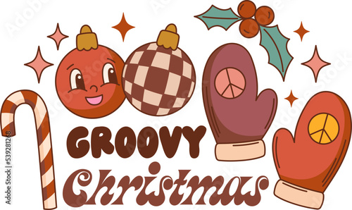 Groovy Christmas quote vector print. Retro mascot character clipart