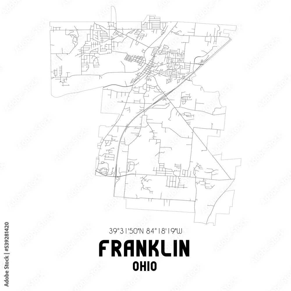Franklin Ohio. US street map with black and white lines.