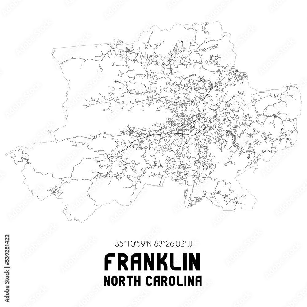 Franklin North Carolina. US street map with black and white lines.