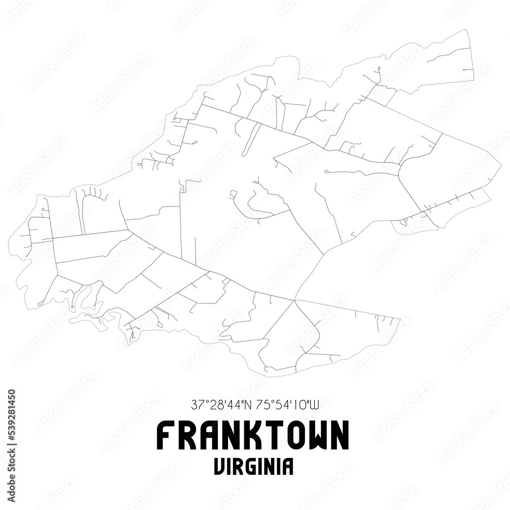 Franktown Virginia. US street map with black and white lines.