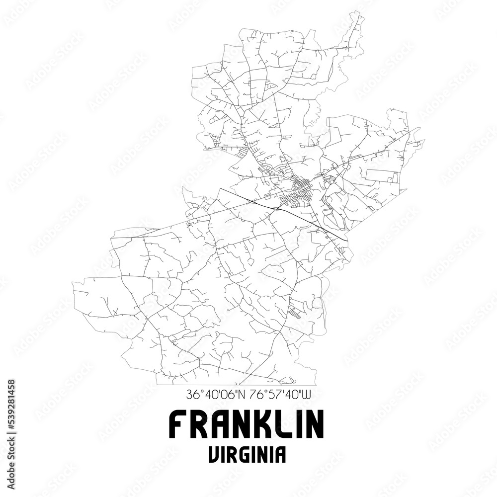 Franklin Virginia. US street map with black and white lines.