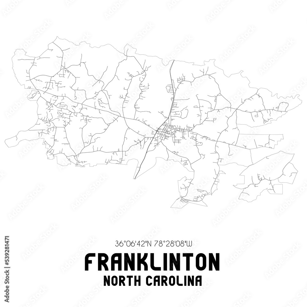 Franklinton North Carolina. US street map with black and white lines.