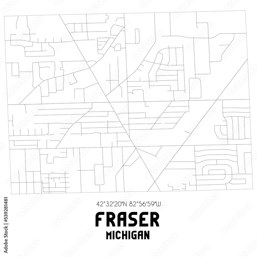 Fraser Michigan. US street map with black and white lines.