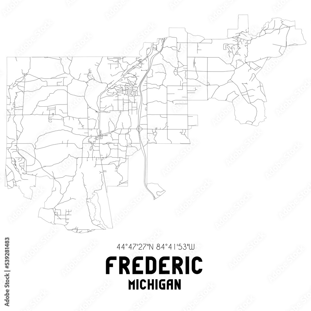 Frederic Michigan. US street map with black and white lines.