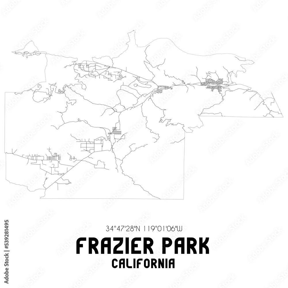 Frazier Park California. US street map with black and white lines.
