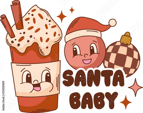 Groovy Christmas quote vector print. Santa baby. Retro mascot character clipart