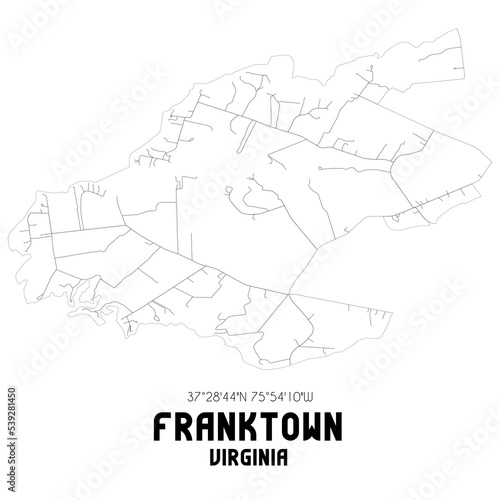Franktown Virginia. US street map with black and white lines.