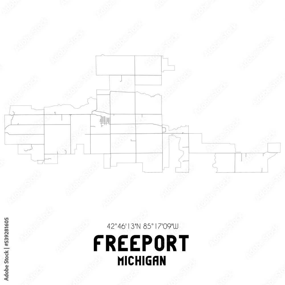 Freeport Michigan. US street map with black and white lines.