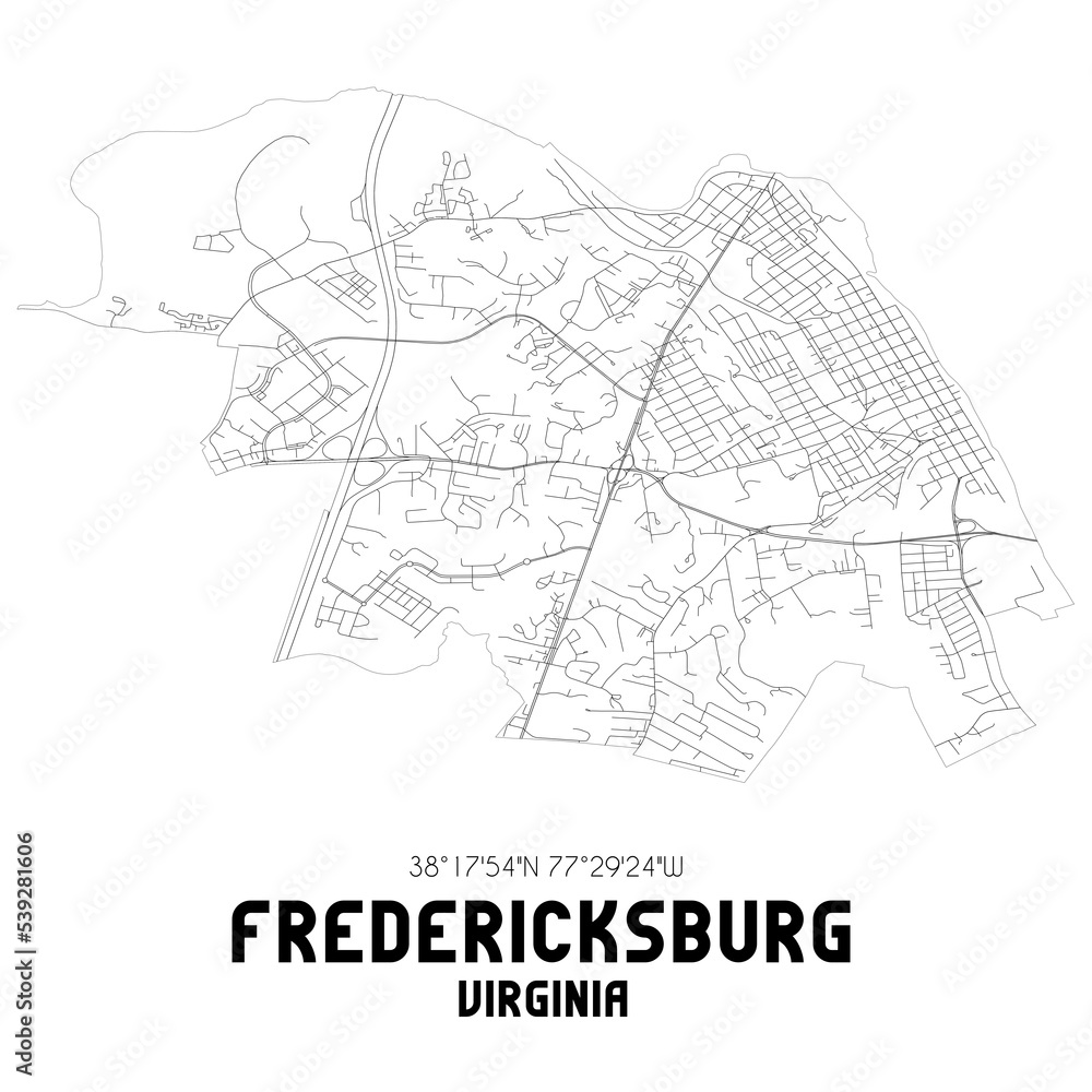 Fredericksburg Virginia. US street map with black and white lines.