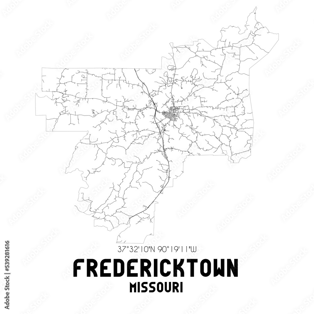 Fredericktown Missouri. US street map with black and white lines.