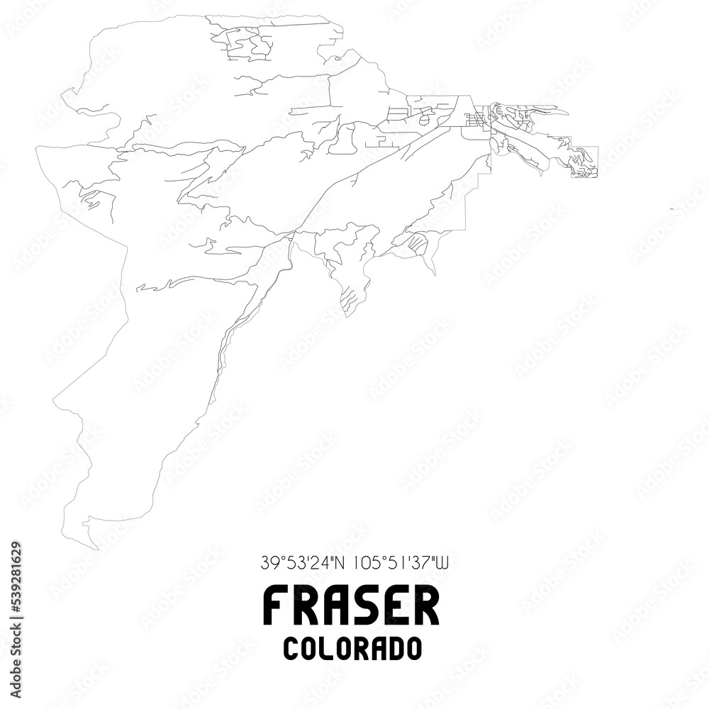 Fraser Colorado. US street map with black and white lines.