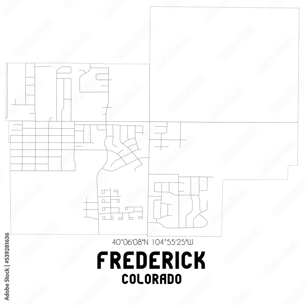 Frederick Colorado. US street map with black and white lines.
