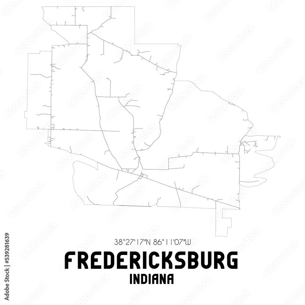 Fredericksburg Indiana. US street map with black and white lines.