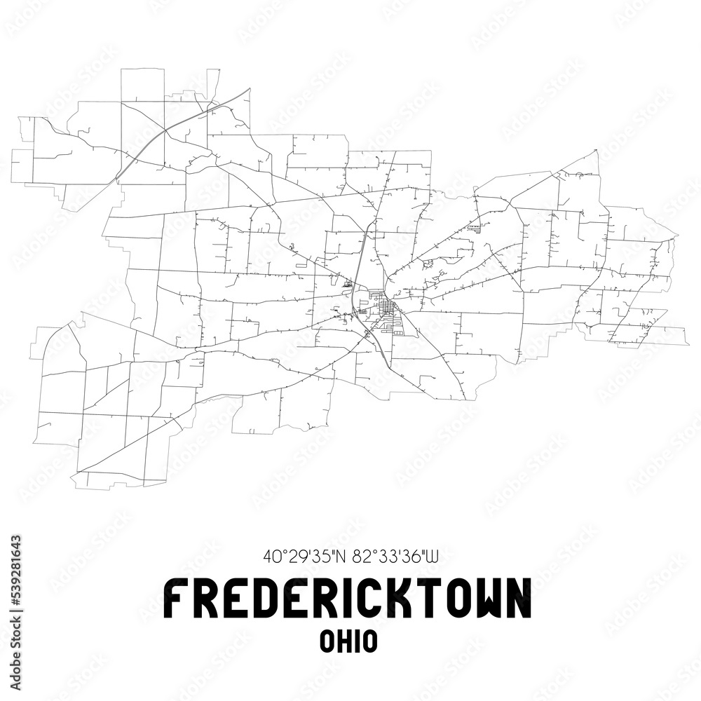 Fredericktown Ohio. US street map with black and white lines.
