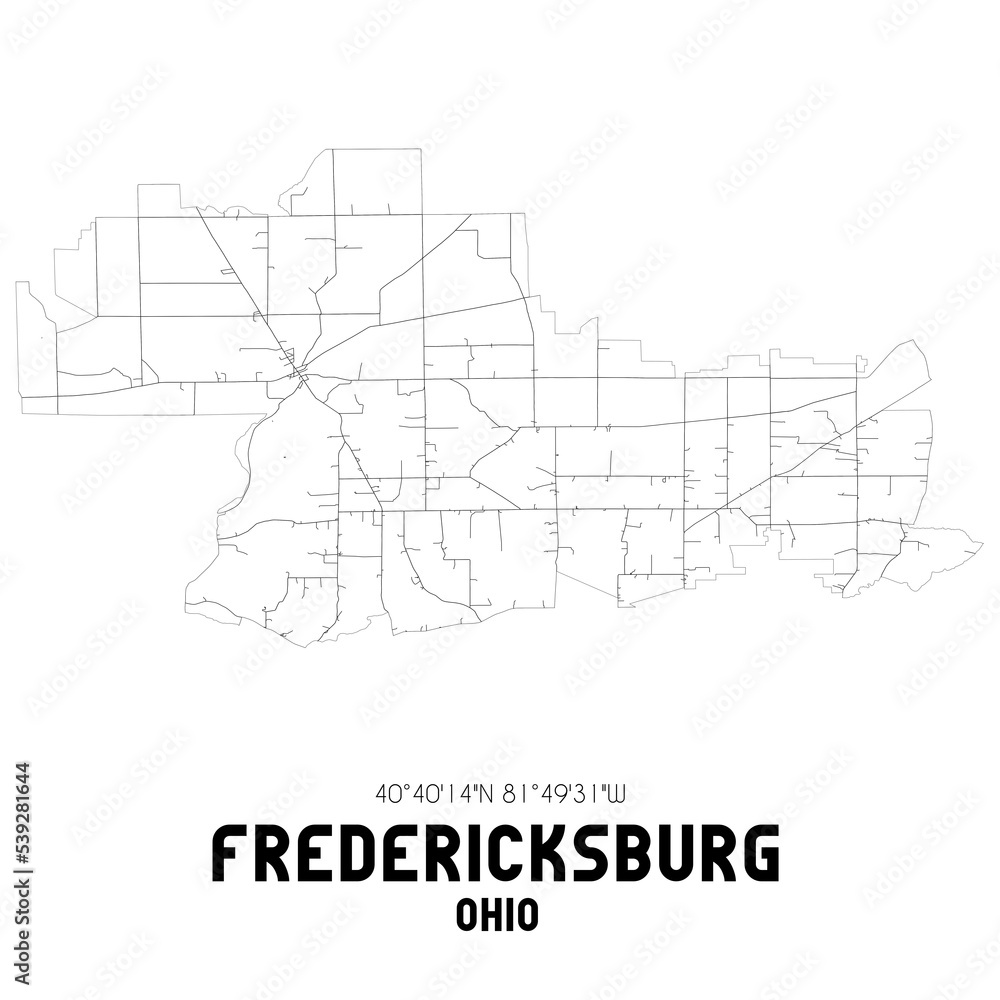 Fredericksburg Ohio. US street map with black and white lines.