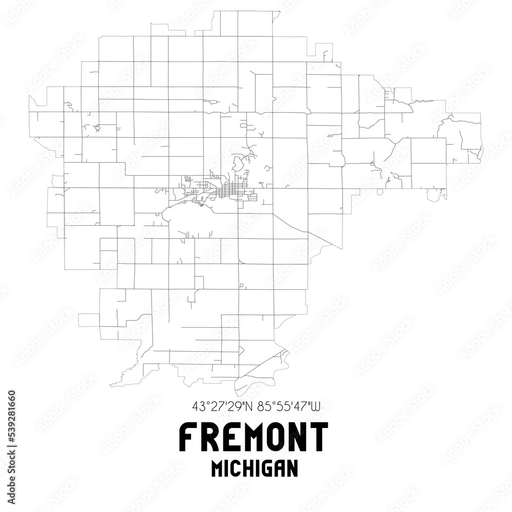 Fremont Michigan. US street map with black and white lines.