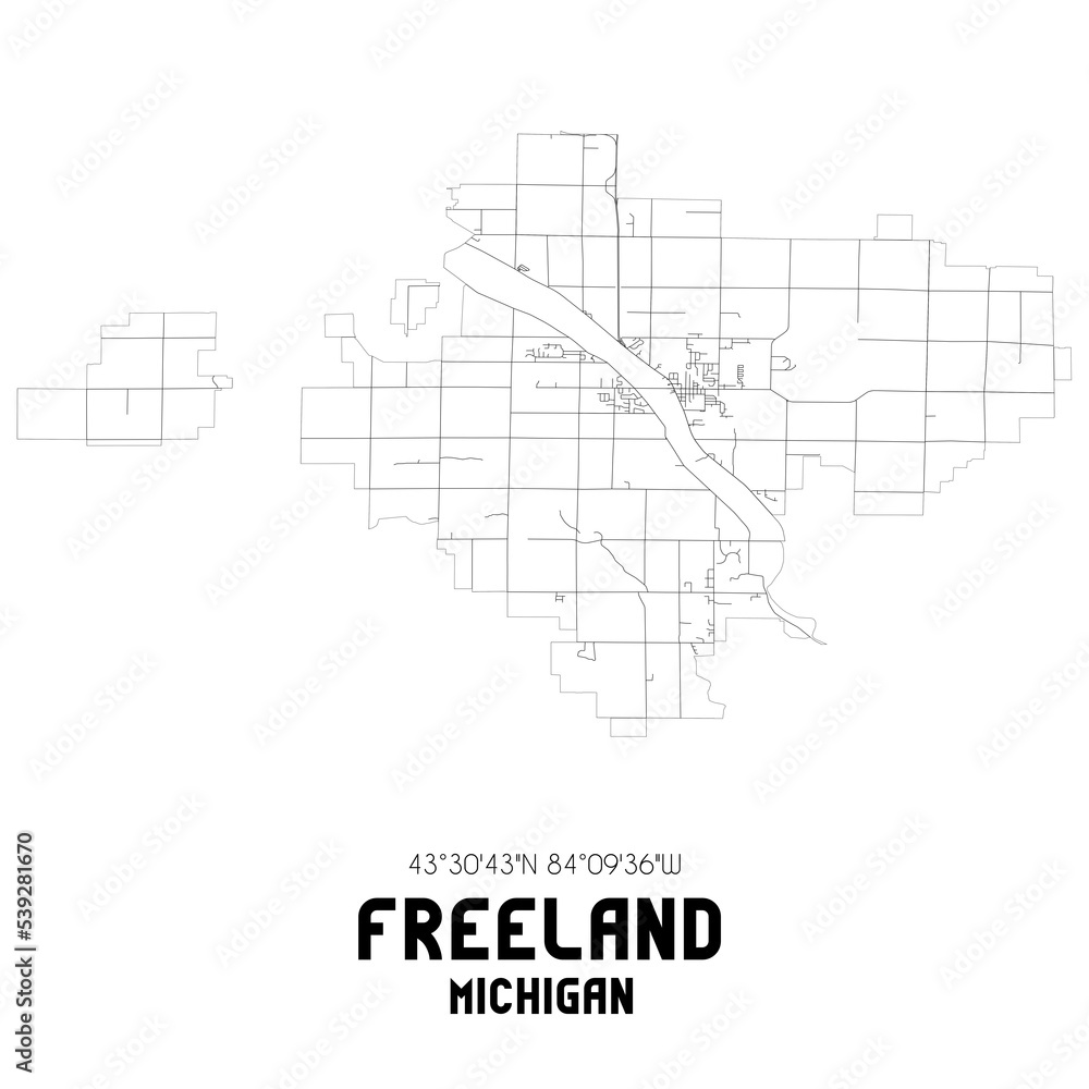 Freeland Michigan. US street map with black and white lines. Freeland Michigan. US street map with black and white lines.