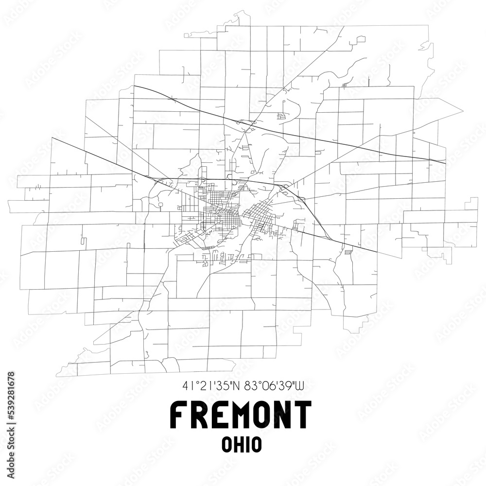 Fremont Ohio. US street map with black and white lines.