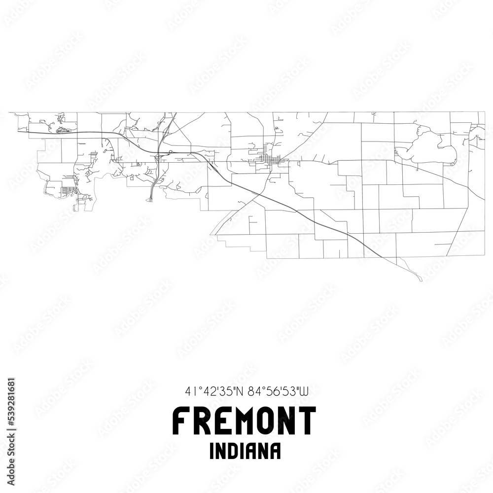 Fototapeta premium Fremont Indiana. US street map with black and white lines.